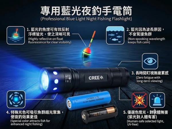 高規格魚眼可變焦.正美國CREE 藍光進口燈泡 釣魚燈/夜釣燈/聚魚燈18650鋰電雙用 版 送支架:圖片 5